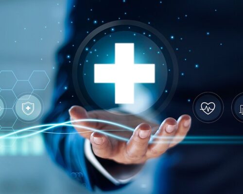 Businessman hold virtual medical network connection icons. Covid-19 pandemic develop people awareness and spread attention on their healthcare, rising growth in hospital and health insurance business.