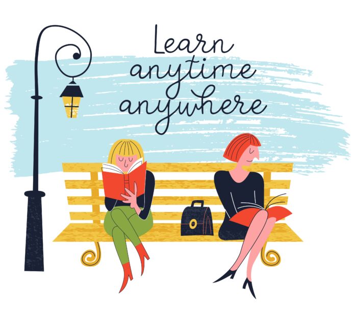 Learn anytime anywhere. Vector illustration.