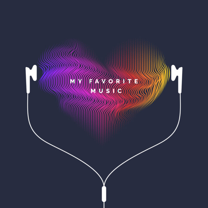 Vivid illustration with headphones and sound waves.